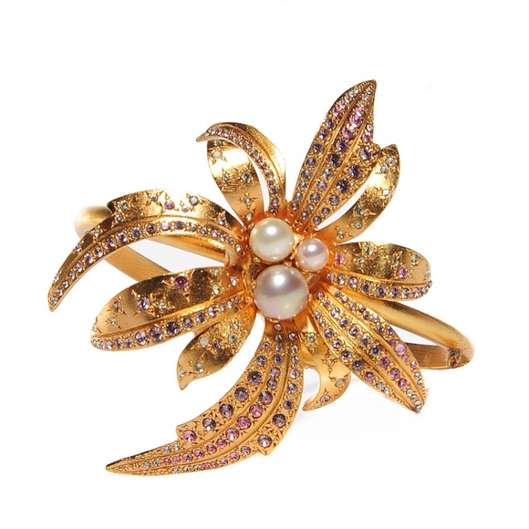 CHANEL Rare 2002 Large Gold Crystal Flower Cuff Bangle Bracelet - Picture 1 of 9